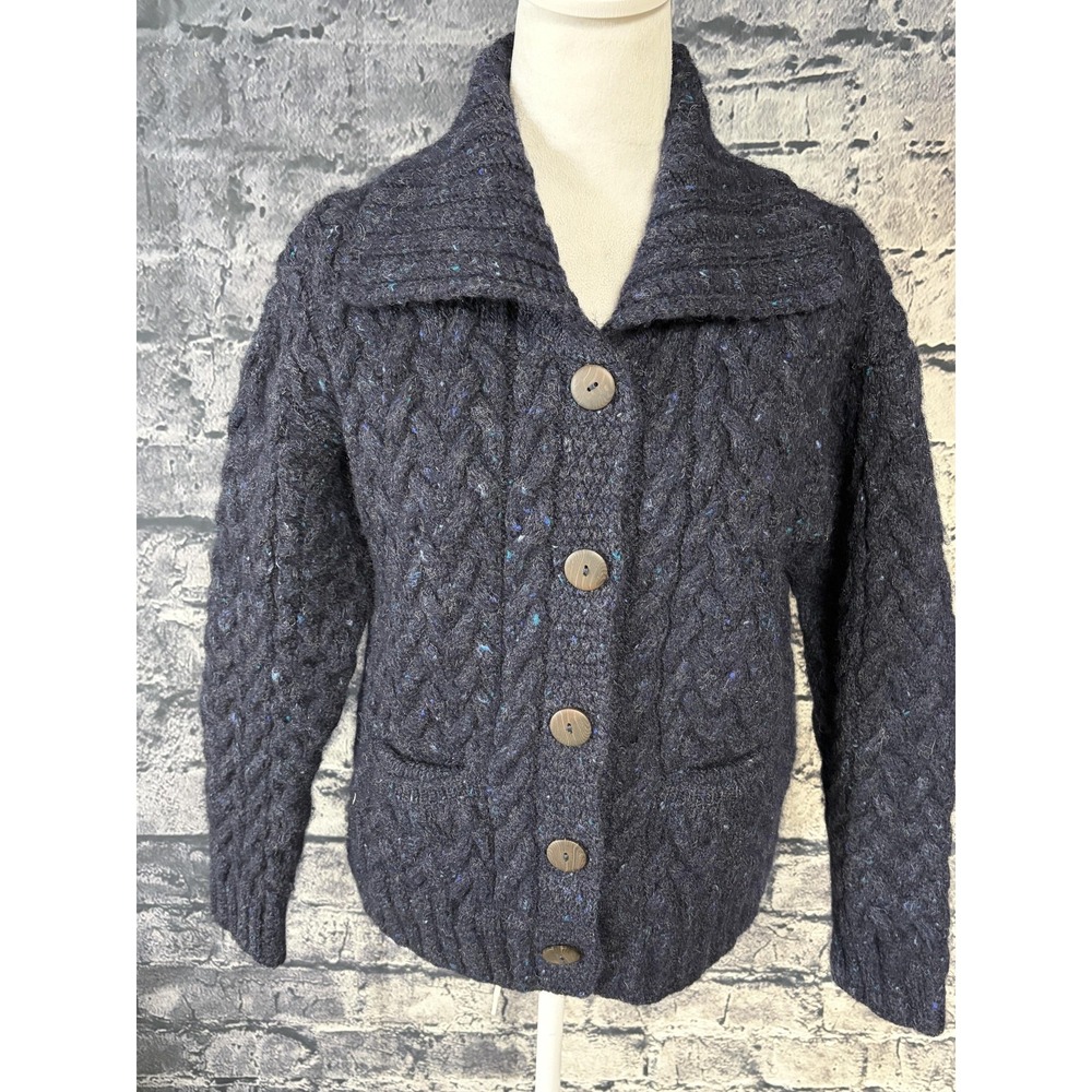 Blarney Woollen Mills Cardigan Sweater Womens M Gray Wool Cable Knit Collared - Picture 2 of 12